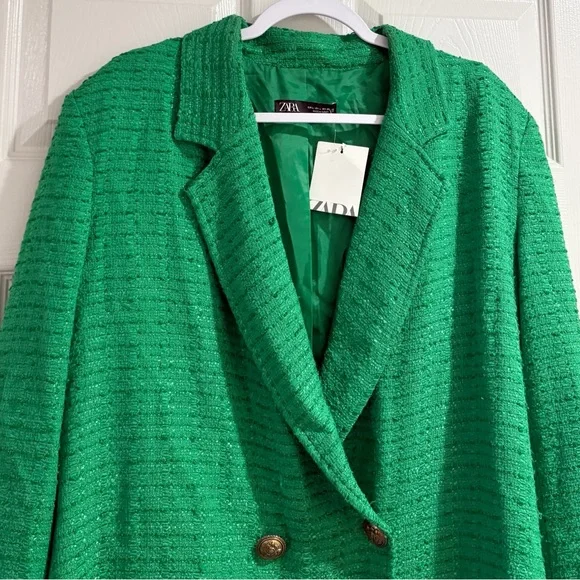 Zara Textured Double Breasted Blazer Tweed Longline Fall Boho Green Sz Large NWT - Picture 5 of 11